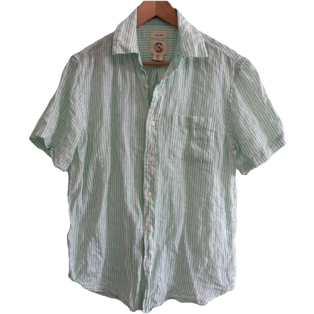 Panama Jack Men's Medium Shirt 100% Linen Mint Green White Striped Short Sleeve